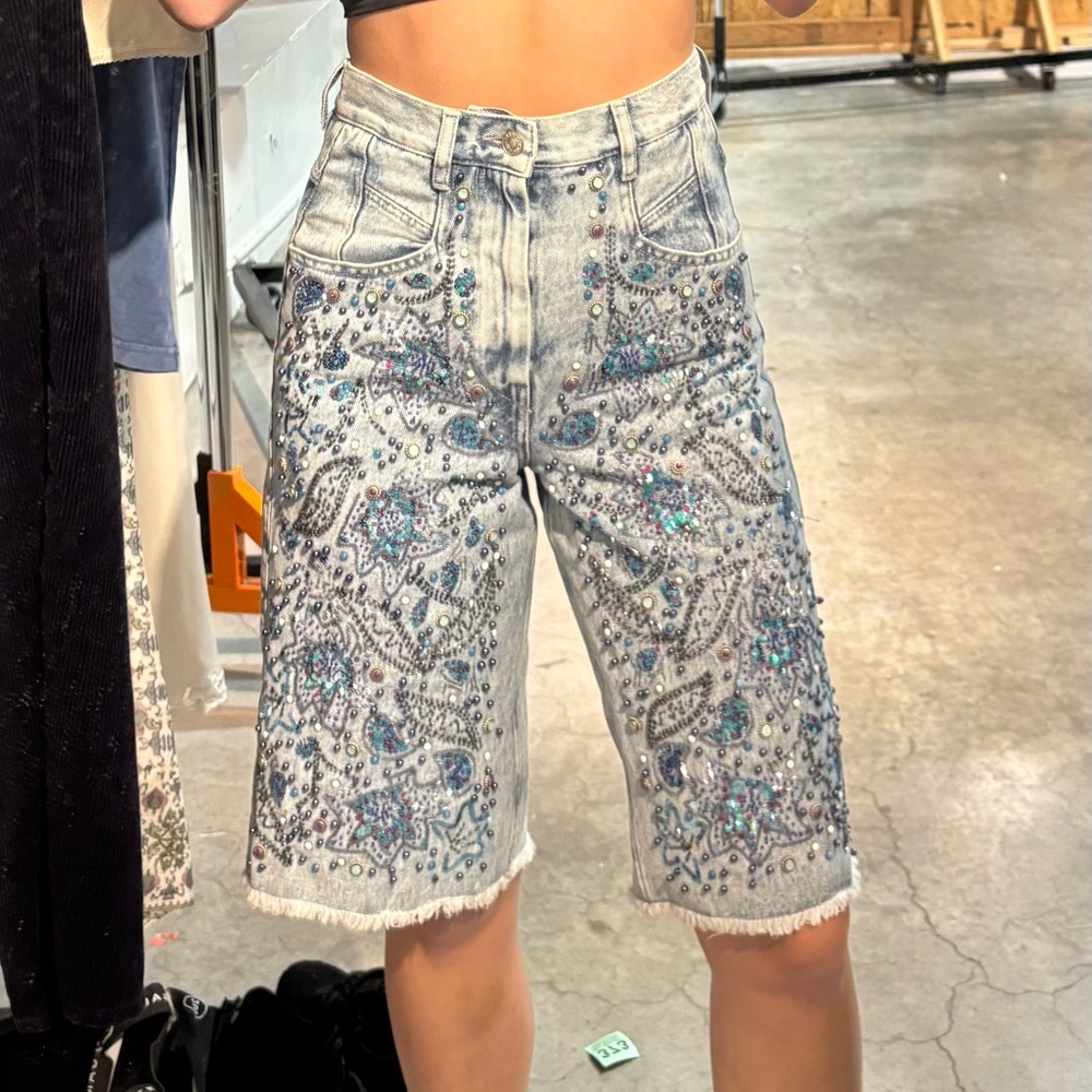 Blue Patterned Denim Shorts